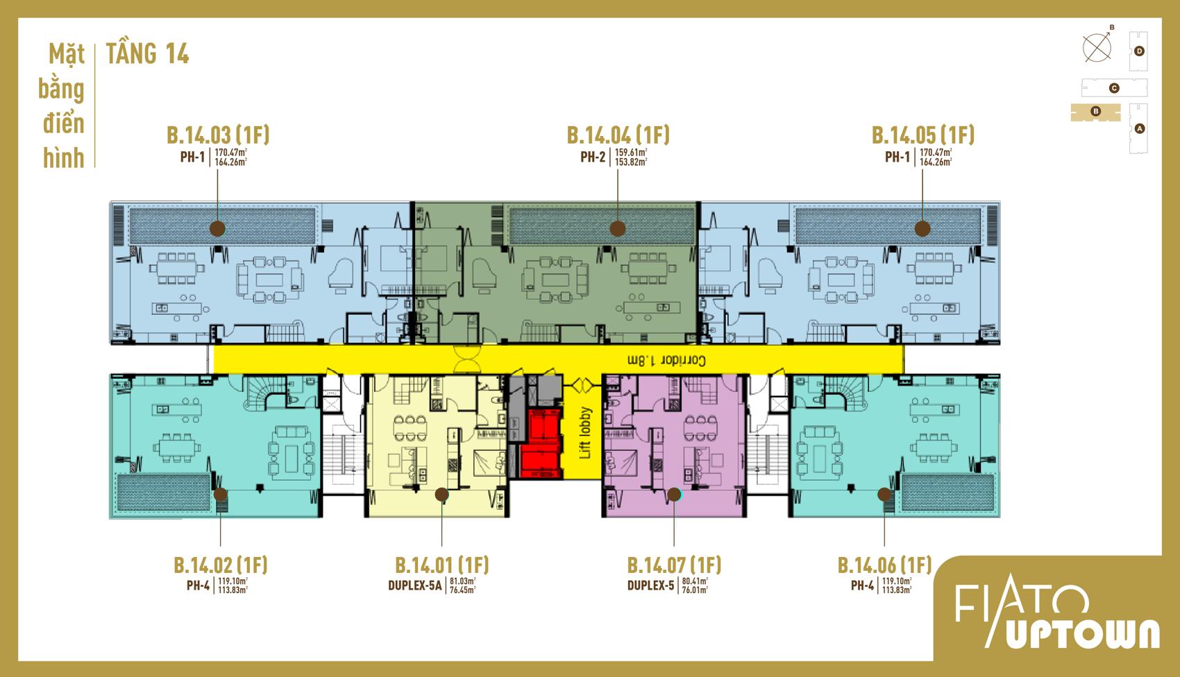 Mặt bằng Penthouse tầng 14 Block B Fiato Uptown