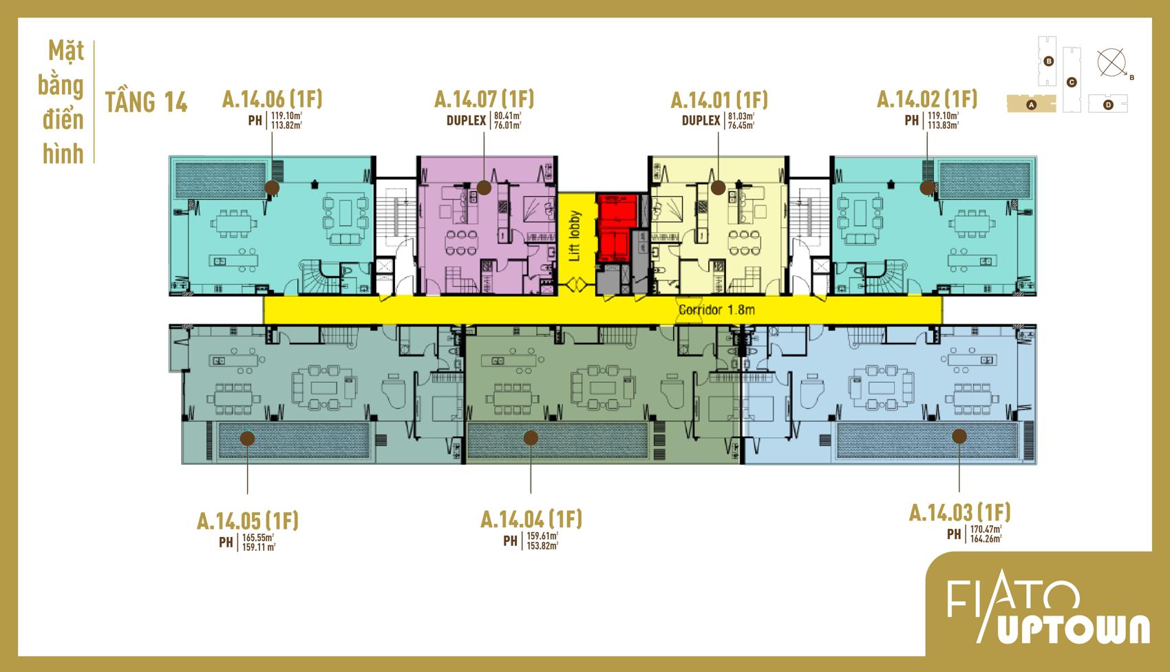 Mặt bằng Penthouse tầng 14 Block A Fiato Uptown